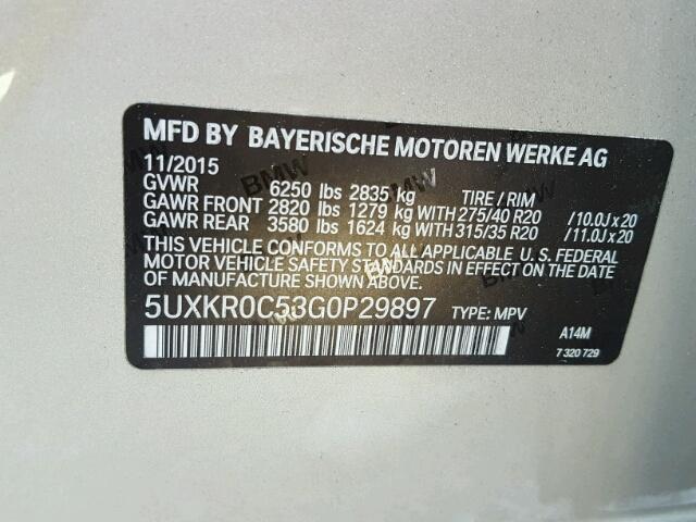 5UXKR0C53G0P29897 - 2016 BMW X5 XDRIVE3 SILVER photo 10