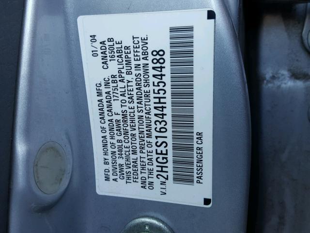 2HGES16344H554488 - 2004 HONDA CIVIC DX V SILVER photo 10