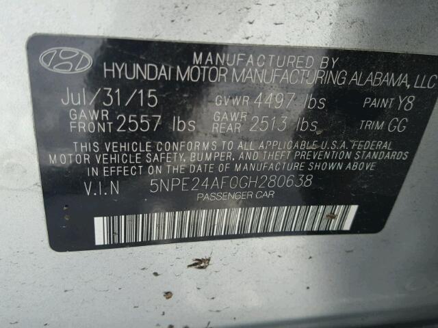 5NPE24AF0GH280638 - 2016 HYUNDAI SONATA SE SILVER photo 10