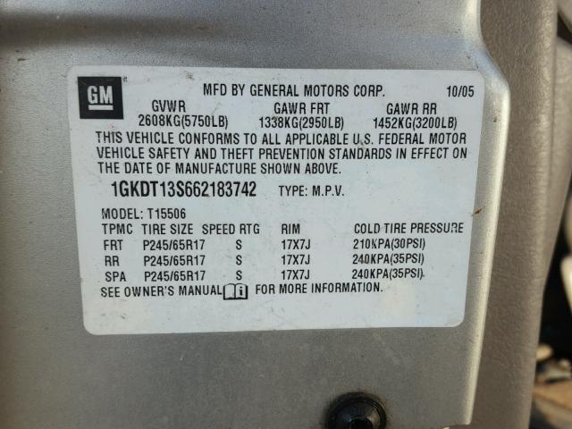 1GKDT13S662183742 - 2006 GMC ENVOY GRAY photo 10