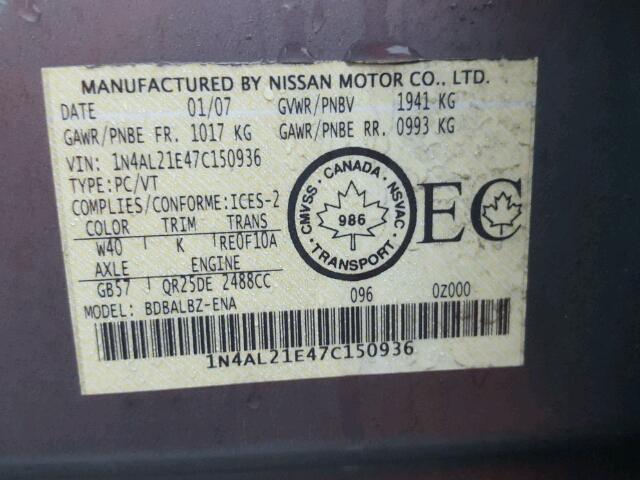 1N4AL21E47C150936 - 2007 NISSAN ALTIMA 2.5 GRAY photo 10