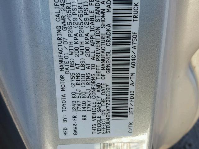 5TEUU42NX7Z386197 - 2007 TOYOTA TACOMA ACC SILVER photo 10