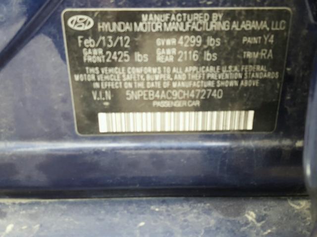 5NPEB4AC9CH472740 - 2012 HYUNDAI SONATA GLS BLUE photo 10