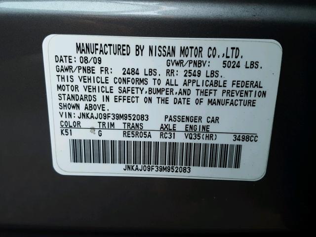 JNKAJ09F39M952083 - 2009 INFINITI EX35 BASE GRAY photo 10