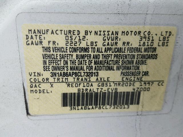 3N1AB6AP8CL732013 - 2012 NISSAN SENTRA 2.0 WHITE photo 10