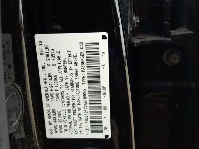 1HGCP2F72AA189059 - 2010 HONDA ACCORD EX BLACK photo 10