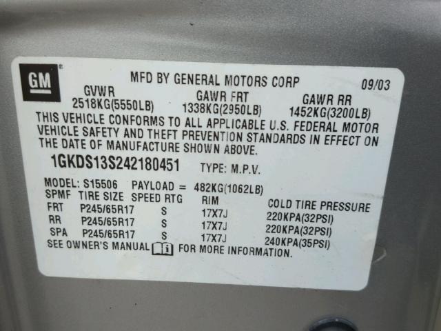 1GKDS13S242180451 - 2004 GMC ENVOY GRAY photo 10