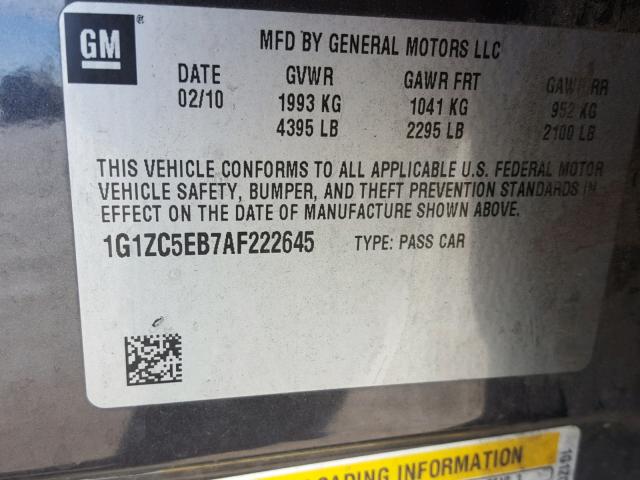 1G1ZC5EB7AF222645 - 2010 CHEVROLET MALIBU 1LT CHARCOAL photo 10