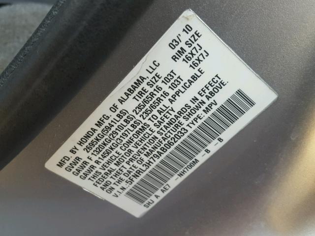 5FNRL3H79AB062033 - 2010 HONDA ODYSSEY EX SILVER photo 10