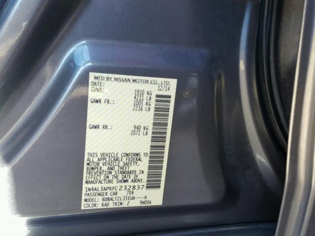 1N4AL3APXFC232837 - 2015 NISSAN ALTIMA 2.5 GRAY photo 10