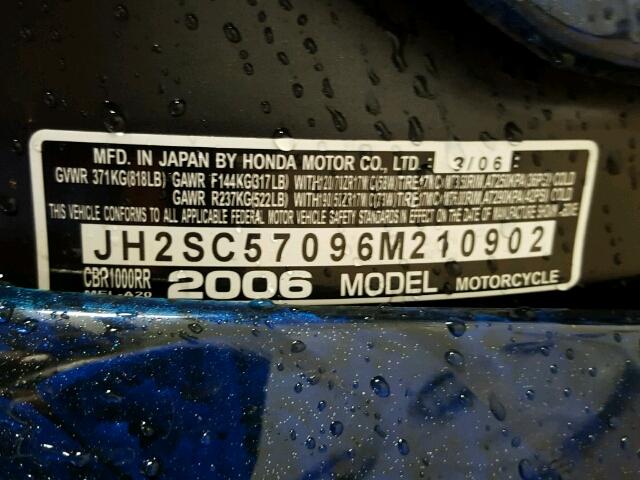 JH2SC57096M210902 - 2006 HONDA CBR1000 RR BLUE photo 10