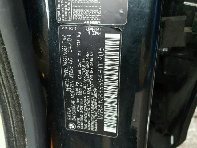 WBANB33594B111906 - 2004 BMW 545 I BLACK photo 10