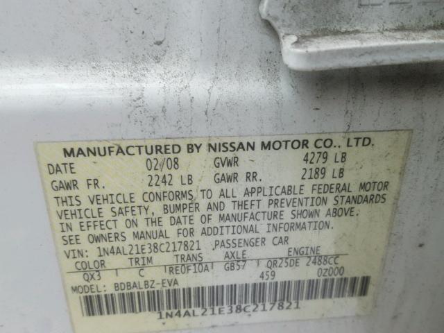 1N4AL21E38C217821 - 2008 NISSAN ALTIMA 2.5 WHITE photo 10