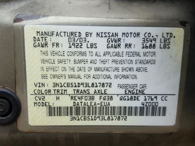 3N1CB51D93L817872 - 2003 NISSAN SENTRA XE GOLD photo 10