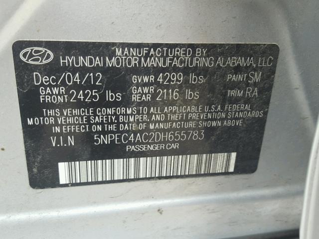 5NPEC4AC2DH655783 - 2013 HYUNDAI SONATA SE SILVER photo 10