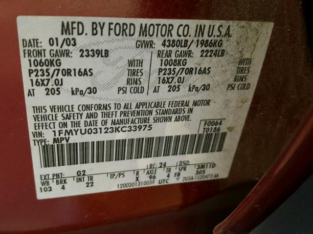 1FMYU03123KC33975 - 2003 FORD ESCAPE XLT RED photo 10