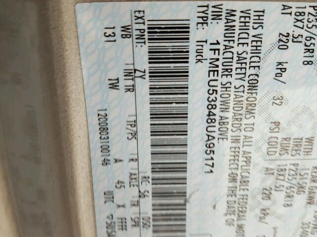 1FMEU53848UA95171 - 2008 FORD EXPLORER S SILVER photo 10