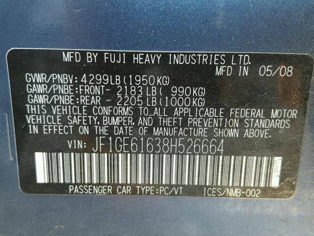 JF1GE61638H526664 - 2008 SUBARU IMPREZA 2. BLUE photo 10