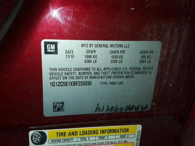 1G1ZC5E1XBF230036 - 2011 CHEVROLET MALIBU 1LT წითელი ფოტო 10