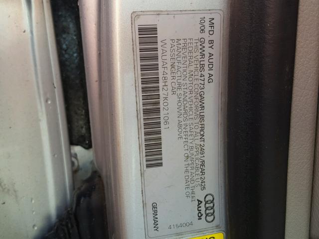 WAUAF48H27K021061 - 2007 AUDI A4 2.0T CA SILVER photo 10