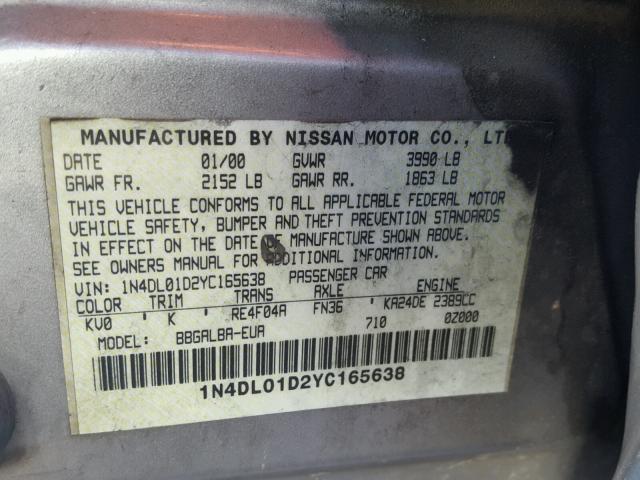 1N4DL01D2YC165638 - 2000 NISSAN ALTIMA XE GRAY photo 10