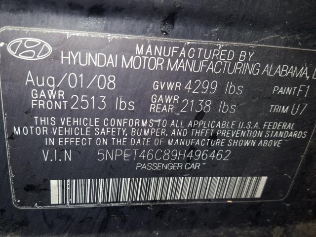 5NPET46C89H496462 - 2009 HYUNDAI SONATA GLS BLACK photo 10