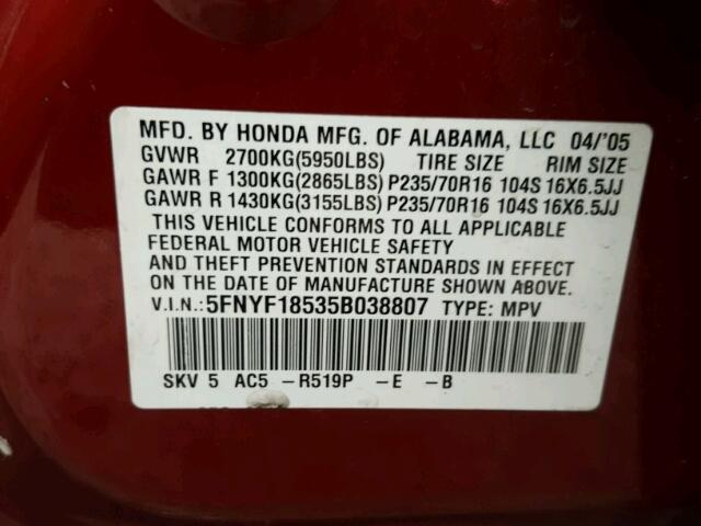 5FNYF18535B038807 - 2005 HONDA PILOT EXL RED photo 10