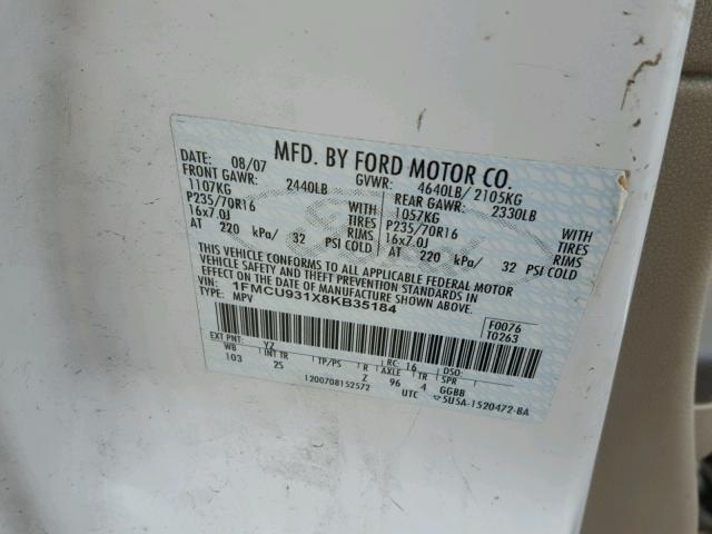 1FMCU931X8KB35184 - 2008 FORD ESCAPE XLT WHITE photo 10