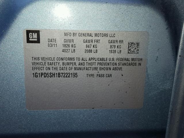 1G1PD5SH1B7222195 - 2011 CHEVROLET CRUZE LS BLUE photo 10