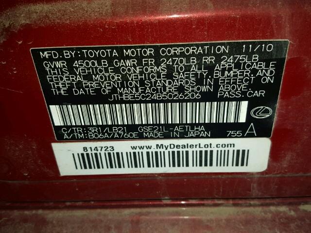 JTHBE5C24B5026206 - 2011 LEXUS IS 350 RED photo 10