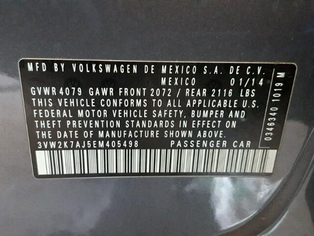 3VW2K7AJ5EM405498 - 2014 VOLKSWAGEN JETTA BASE GRAY photo 10