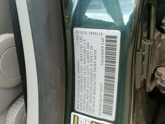 WVWPD63B34P158297 - 2004 VOLKSWAGEN PASSAT GLS GREEN photo 10