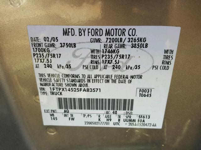 1FTPX14525FA83571 - 2005 FORD F150 GOLD photo 10