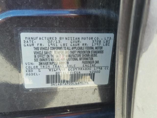 3N1AB7AP2DL689179 - 2013 NISSAN SENTRA S GRAY photo 10