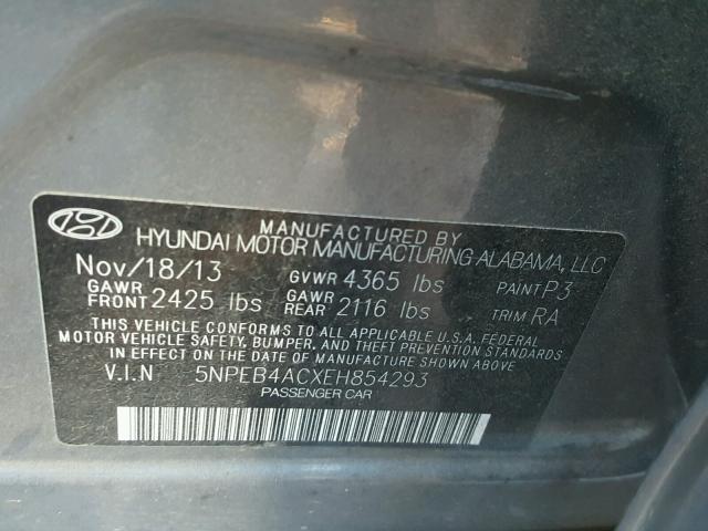 5NPEB4ACXEH854293 - 2014 HYUNDAI SONATA GLS GRAY photo 10