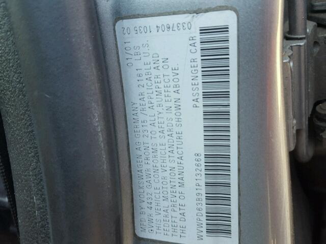 WVWPD63B91P132668 - 2001 VOLKSWAGEN PASSAT GLS GRAY photo 10