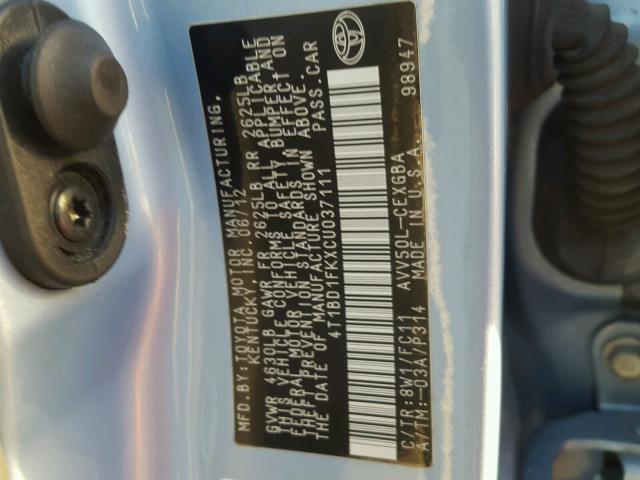 4T1BD1FKXCU037111 - 2012 TOYOTA CAMRY HYBR BLUE photo 10