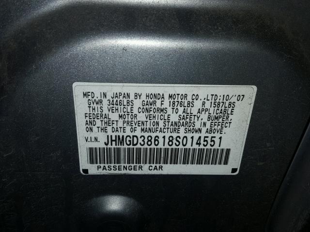 JHMGD38618S014551 - 2008 HONDA FIT SPORT SILVER photo 10