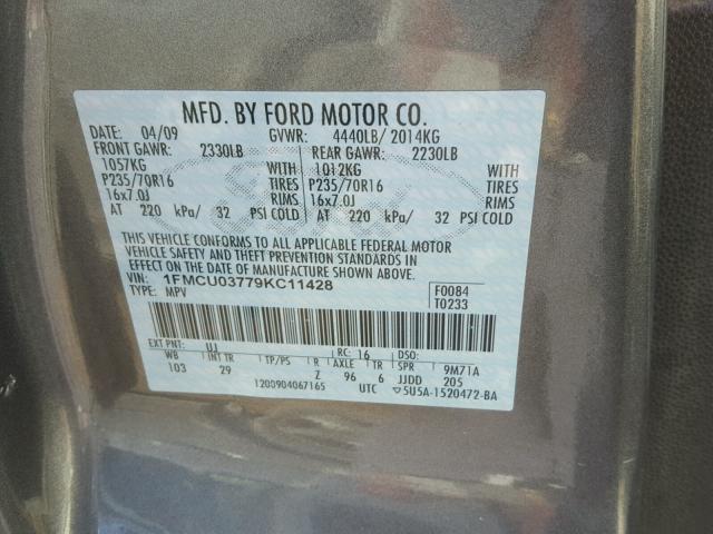 1FMCU03779KC11428 - 2009 FORD ESCAPE XLT GRAY photo 10