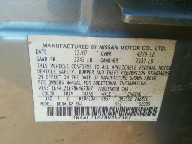 1N4AL21E78N467387 - 2008 NISSAN ALTIMA 2.5 GREEN photo 10