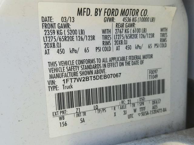 1FT7W2BT5DEB07067 - 2013 FORD F250 SUPER WHITE photo 10