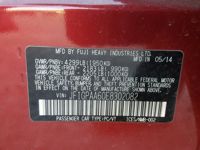 JF1GPAA60E8302082 - 2014 SUBARU IMPREZA BA RED photo 10