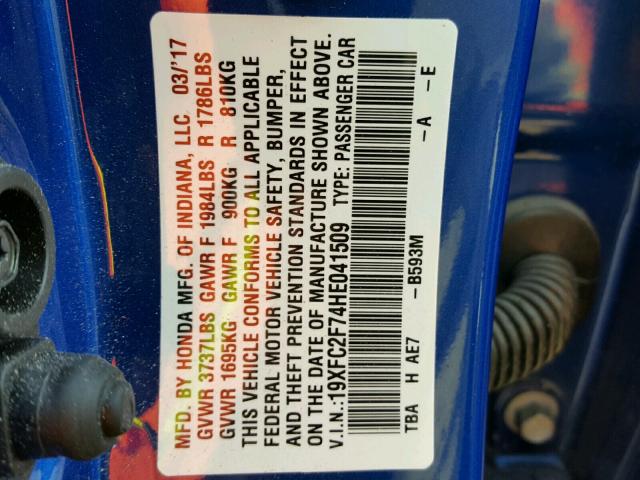 19XFC2F74HE041509 - 2017 HONDA CIVIC EX 蓝色 照片 10