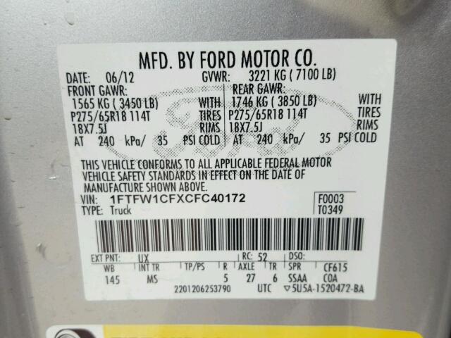 1FTFW1CFXCFC40172 - 2012 FORD F150 SUPER SILVER photo 10