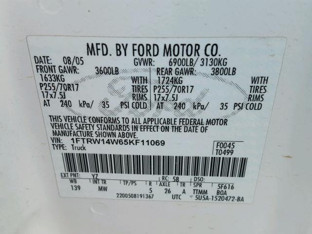 1FTRW14W65KF11069 - 2005 FORD F150 SUPER WHITE photo 10