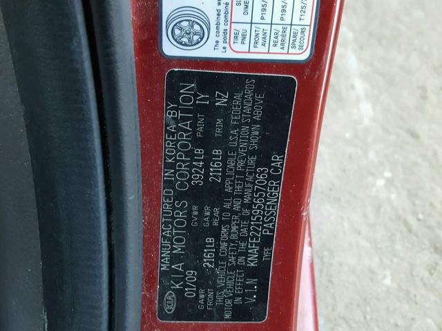 KNAFE221595657063 - 2009 KIA SPECTRA EX RED photo 10