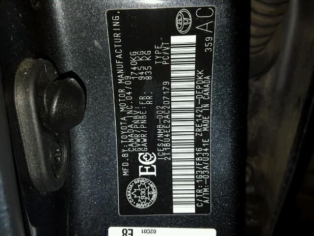 2T1BU4EE2AC207179 - 2010 TOYOTA COROLLA BA GRAY photo 10