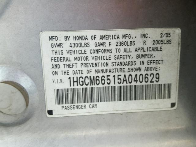 1HGCM66515A040629 - 2005 HONDA ACCORD EX SILVER photo 10