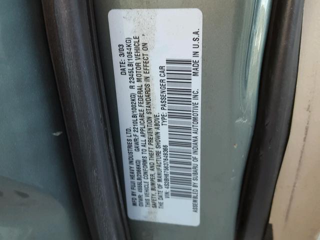 4S3BH675637649366 - 2003 SUBARU LEGACY OUT GREEN photo 10