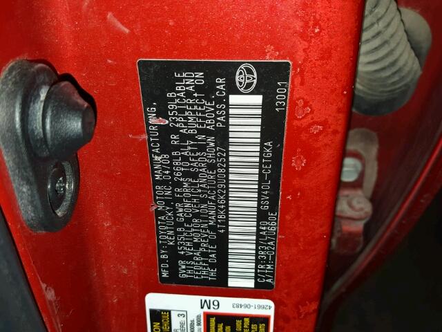 4T1BK46K29U082527 - 2009 TOYOTA CAMRY SE RED photo 10